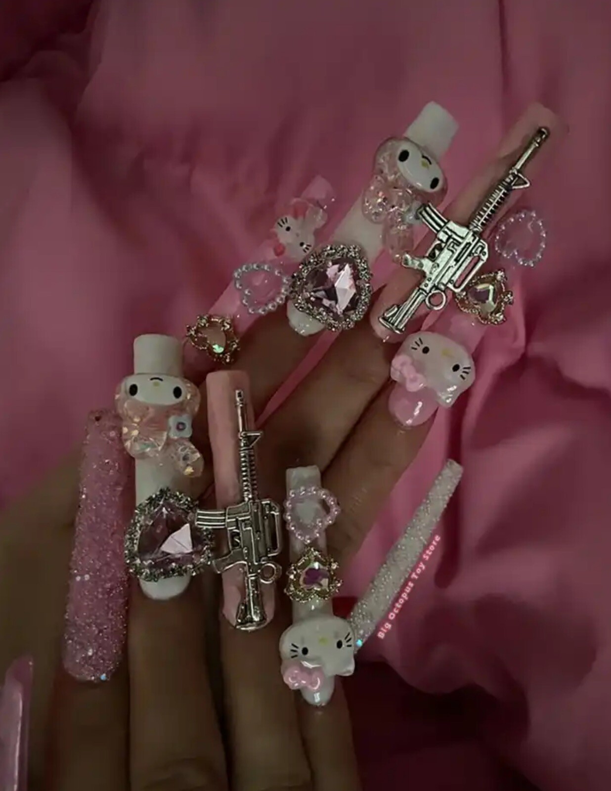 Xxxl Rectangle, Fake Nails 3D Hello KITTY Pink Diamond Strong, Long Nails
