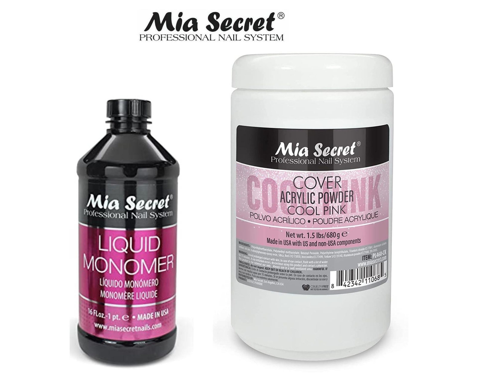 Mia Secret Liquid Monomer 16 oz & Cover Cool Pink 1.5 lb