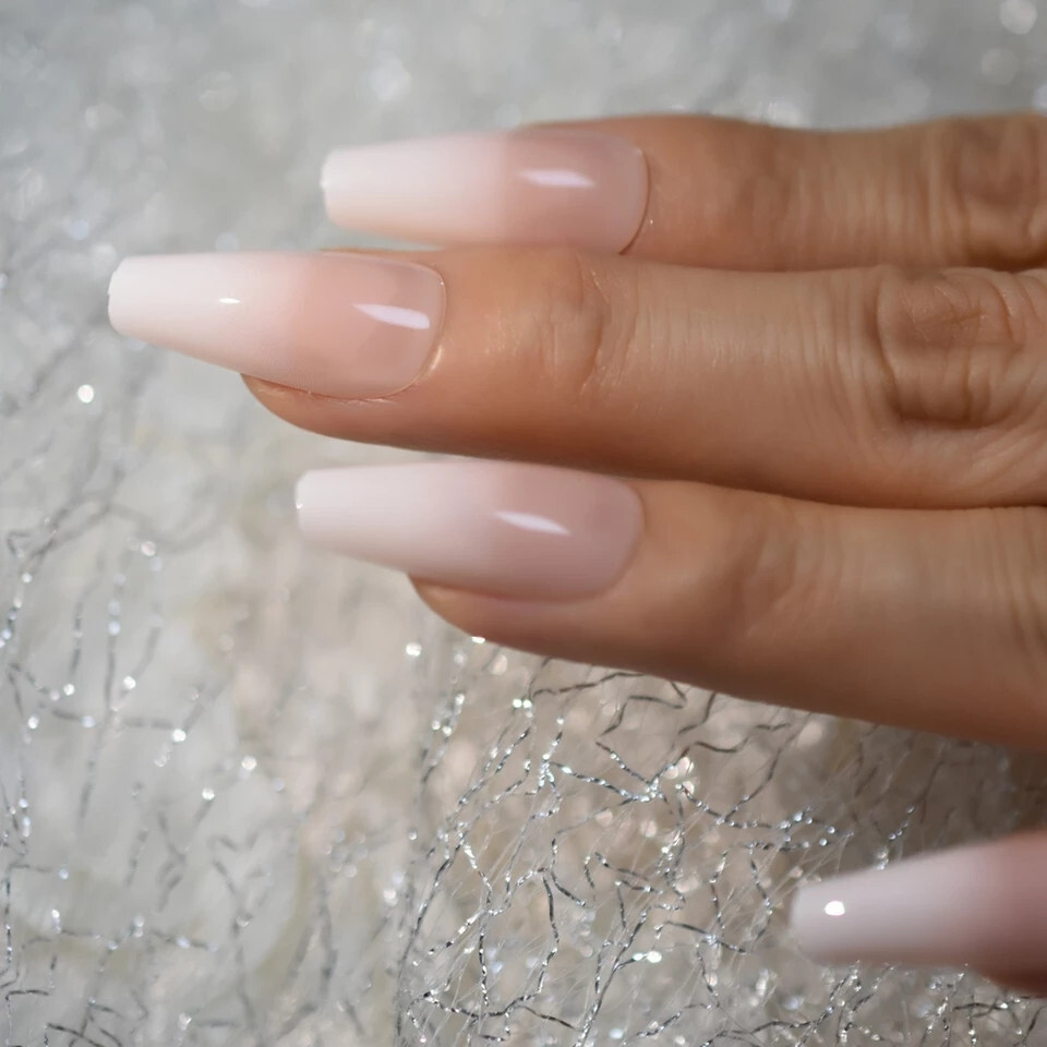 24 Press on nails kit w glue Long Coffin French tip ombre white nude