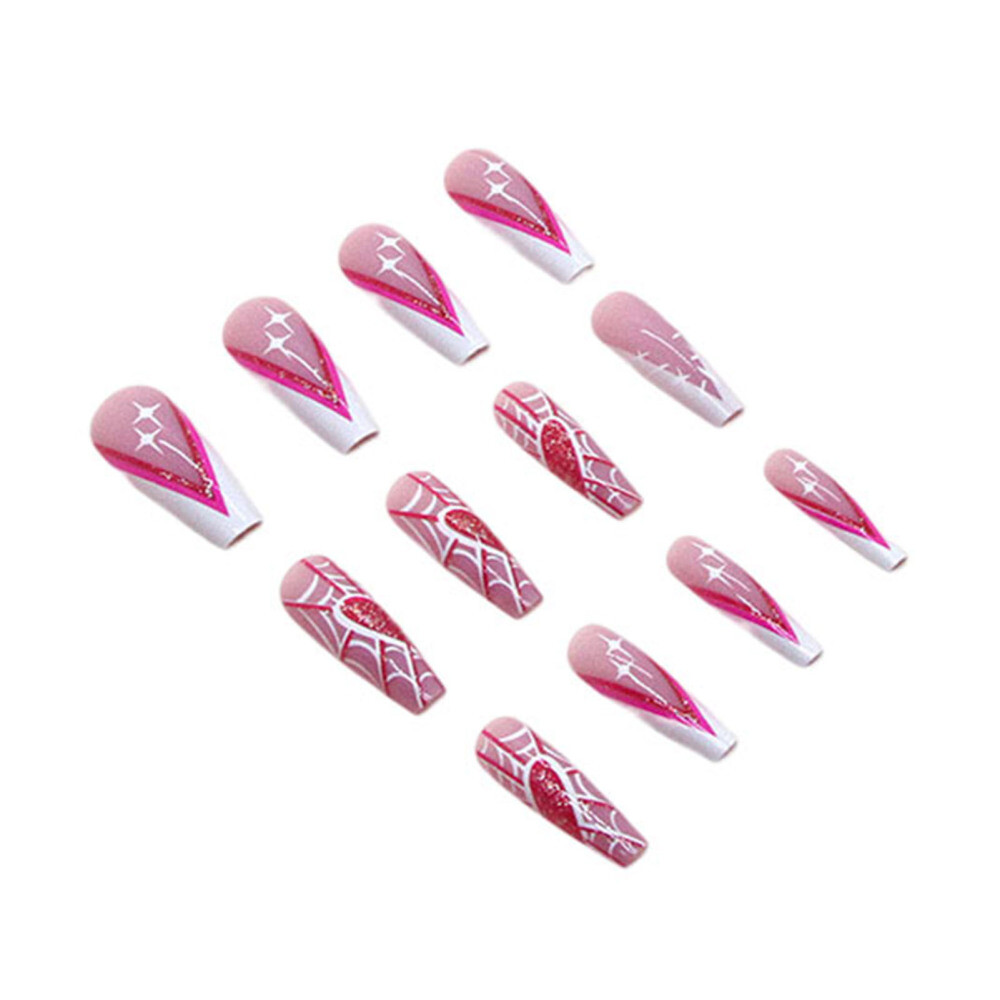 Pink Long Fake Nails with Spider Web Printed Manicure Nails Girl Nail Salon