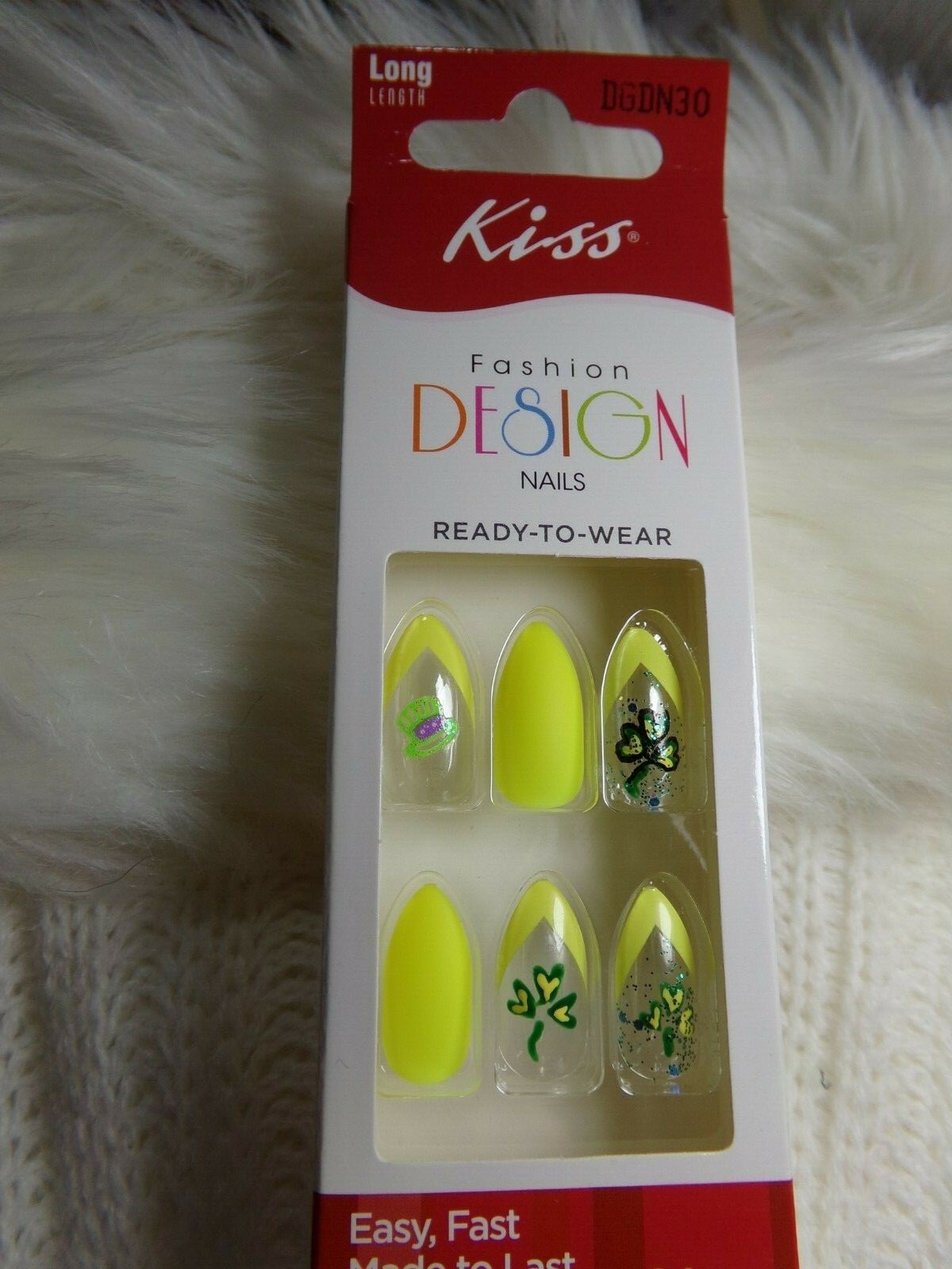 Kiss Nail Long Stiletto Matte Yellow with Green Shamrocks & Hats