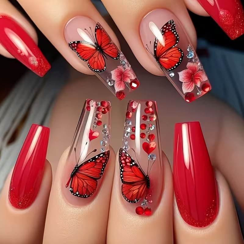 24pcs Red Ballet Press-On Nails, Long, Glossy, Colorful Butterfly Design, Summer