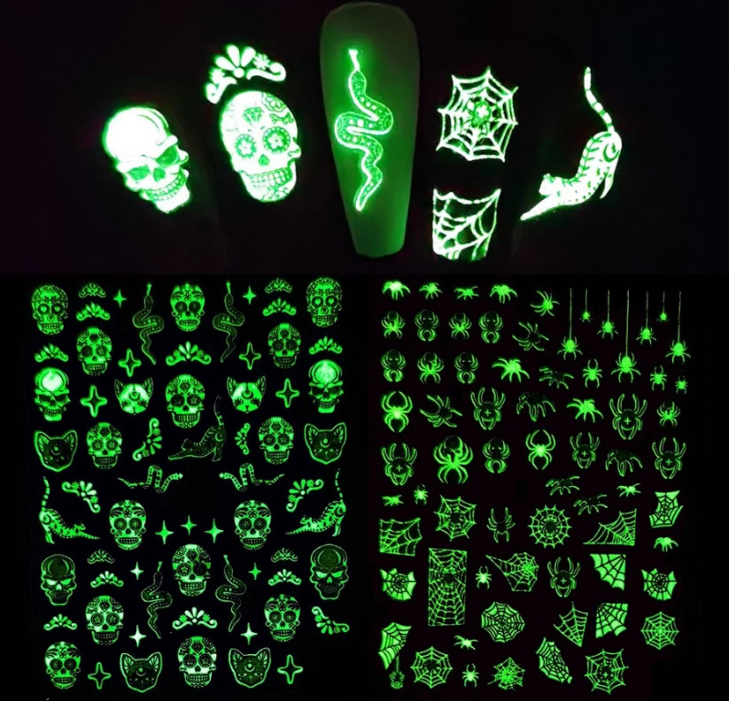 Halloween Nail Art Sticker Fluorescent Skull Spider Witch Ghost Pumpkin Bat NS43