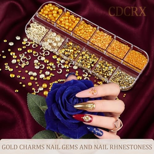 Gold Nail Charms Kit, CDCRX 8 Boxes 3D Nail Art Decorations with Gold Studs,