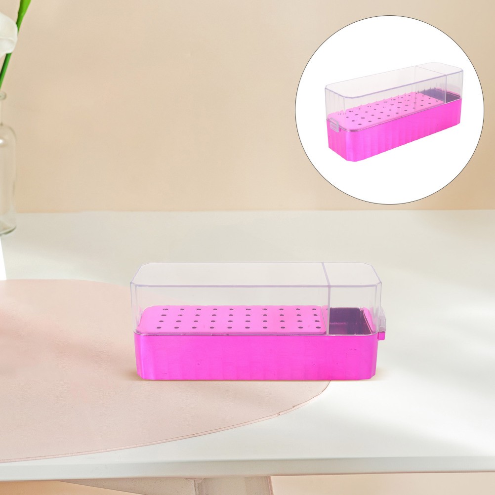 Clear Acrylic Nail Drill Bit Storage Box Rosy with 40 Hole Organizer for Tools