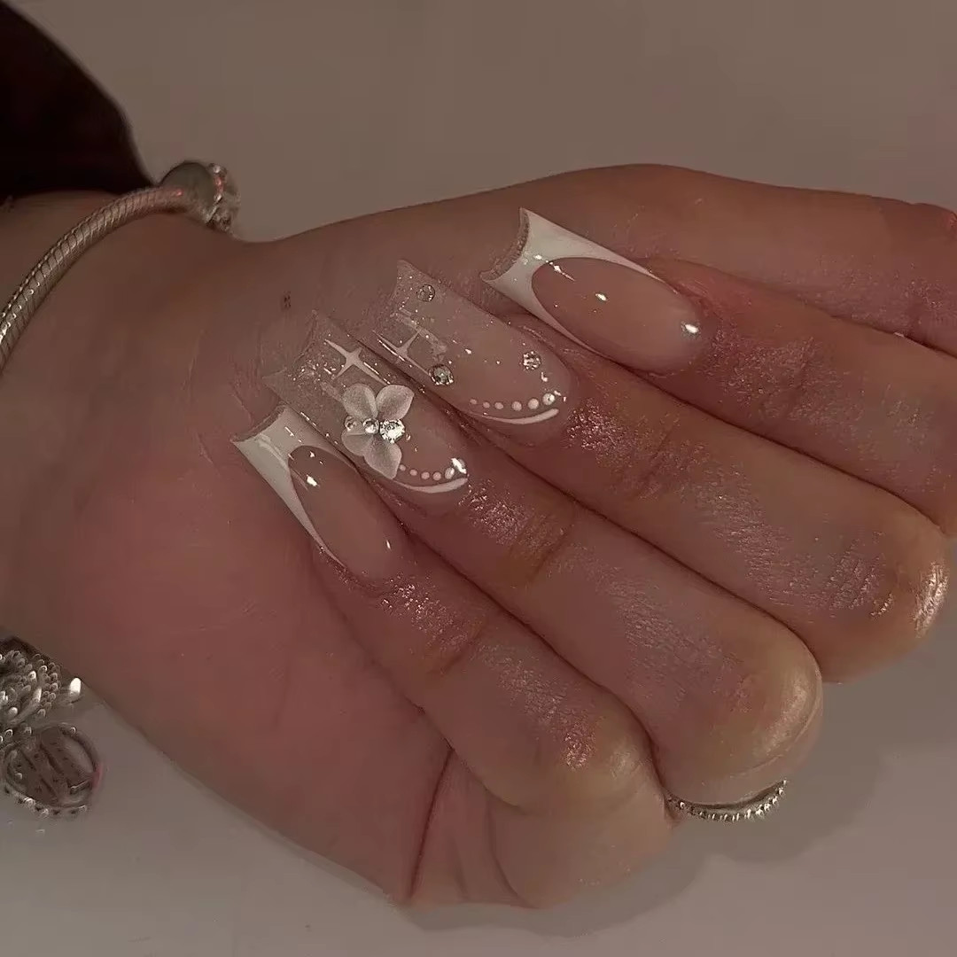 24Pcs Long French Fake Nails with Glue Ballet False Nails Butterfly Rhinestone D