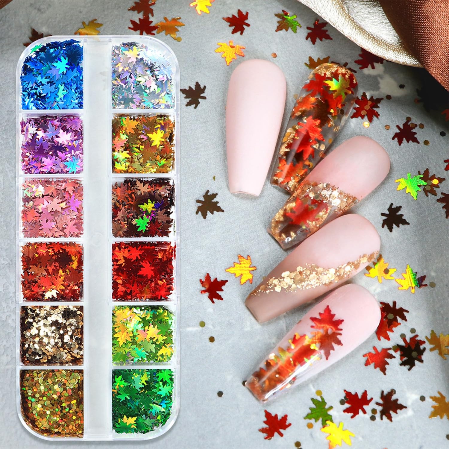 Fall Nail Art Glitter Sequins – Holographic Maple Leaf Flakes for Acrylic Nails
