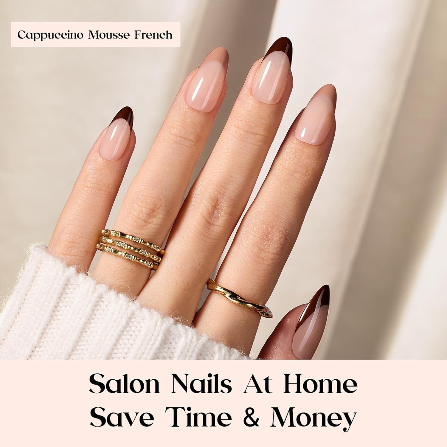 Luxury Long Medium Press On Nails – Cappuccino Mousse, Salon Quality 224 Set