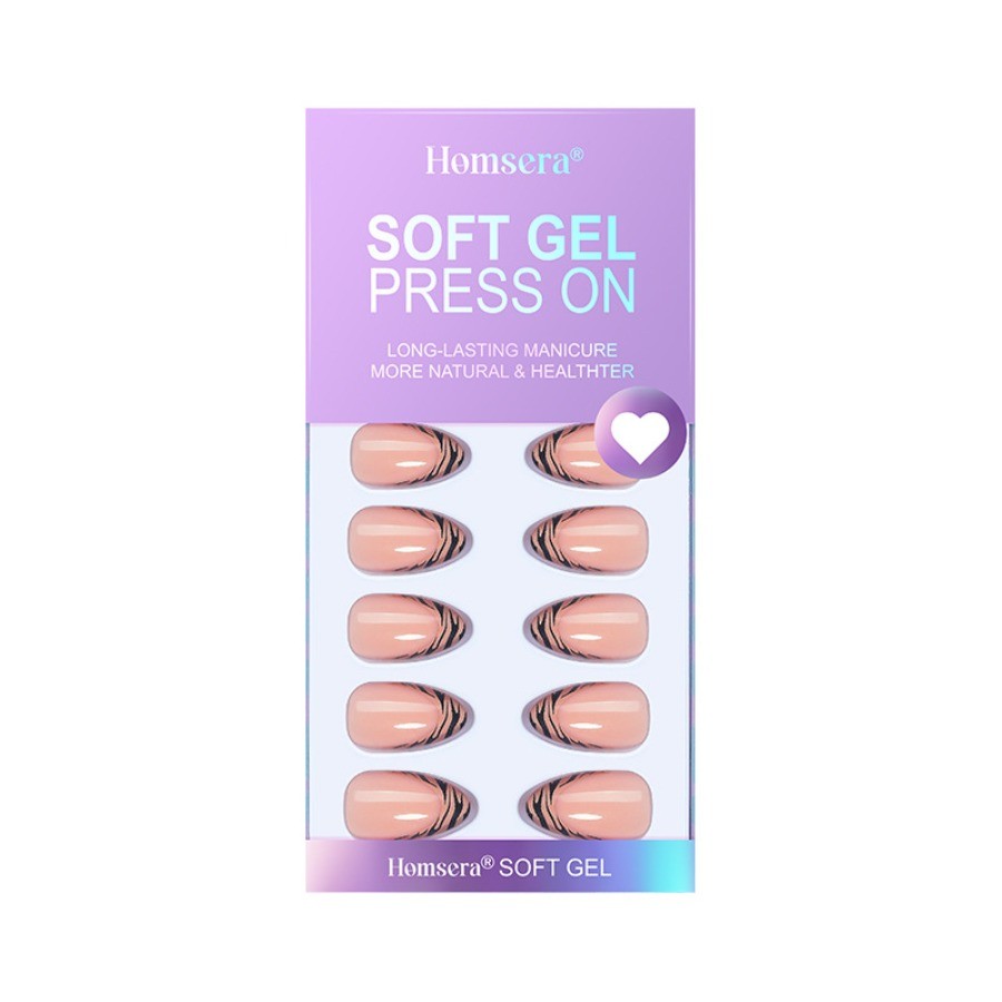 64pcs-Press on Nails Nude Almond Zebra Print French Tip Daily Wear Short Tips