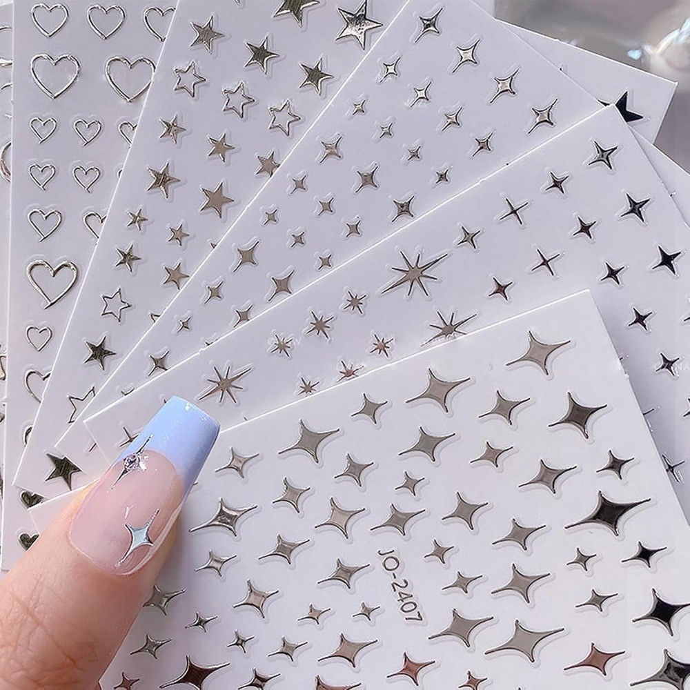 7 Sheets Metallic Silver Nail Stickers Nail Art for Women 3D Star Nail
