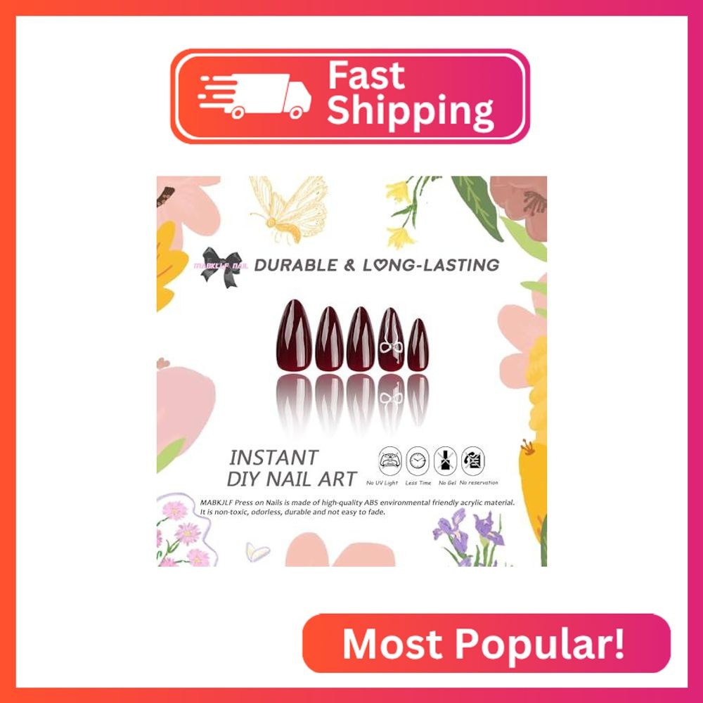 Wine Red Press on Nails Medium Almond Bow Fake Nails Full Cover White Bow False
