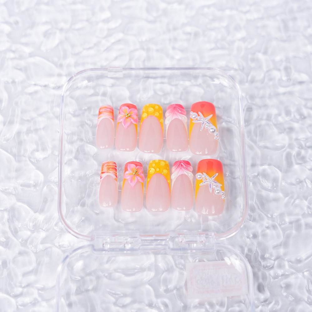 Handmade Square Press On Nails Floral Orange Pink Gradient Press On Nails S-L