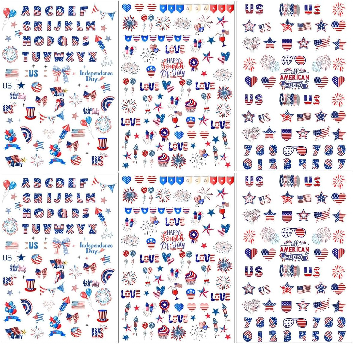 6 Sheets 4Th of July Nail Stickers for Nail Art 3D Self Adhesive Independence Da