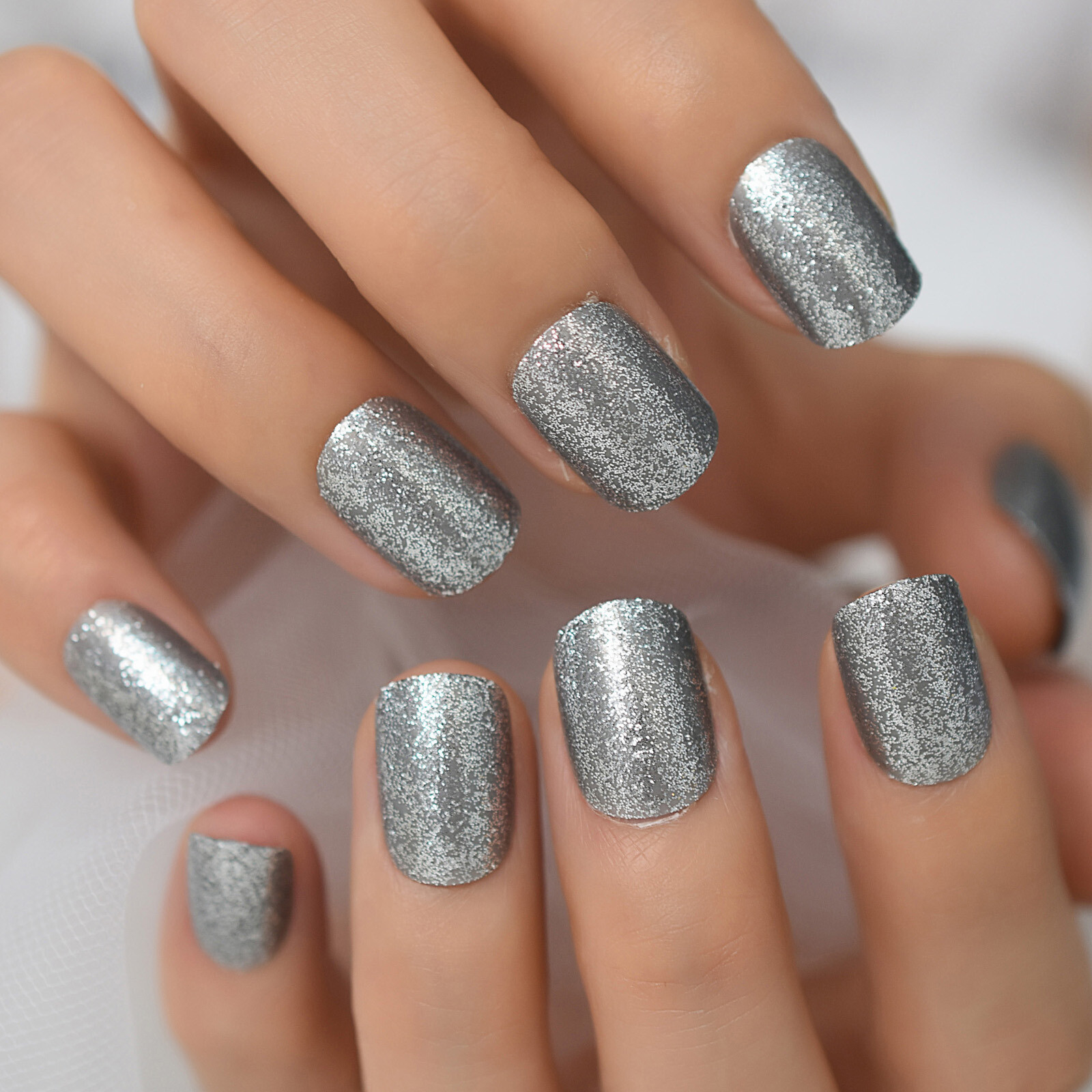 Silver Glitter Short Square Press On Nails – Glue On False Set – 24 pieces Kit