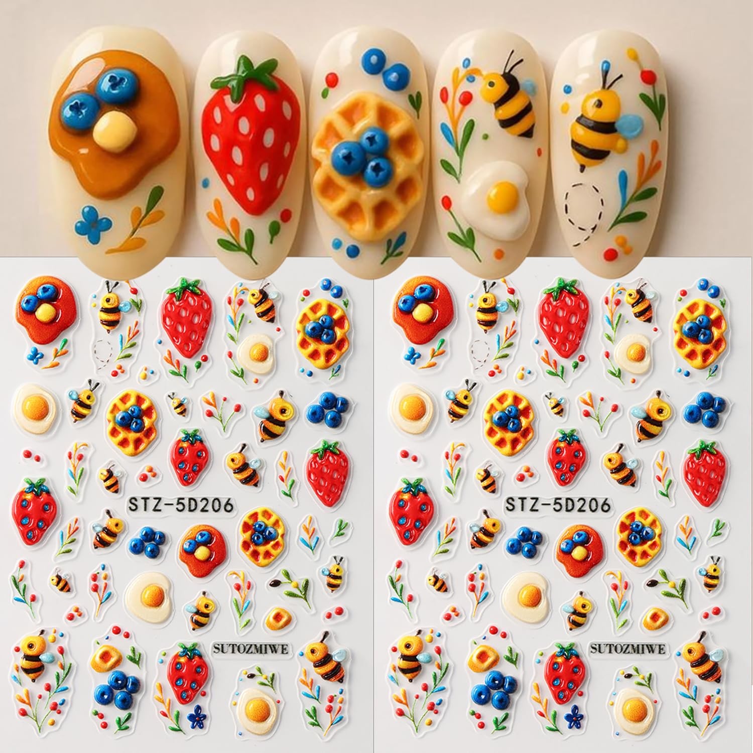 Bee Strawberry Nail Stickers 5D Embossed Cute Nail Art Stickers Self-Adhesive…