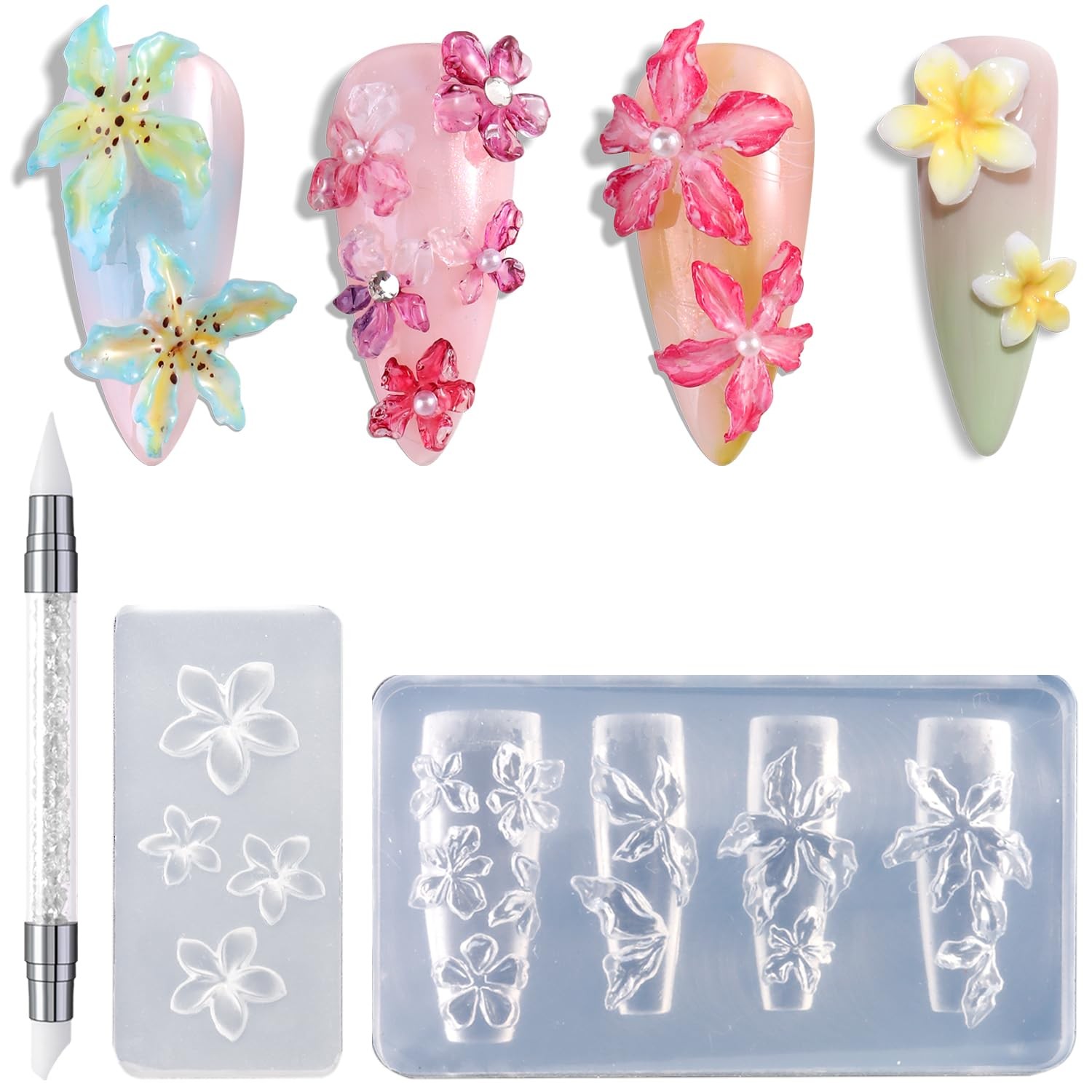 Silicone Nail Molds, 2PCS Reusable Clear 3D Flowers Nail Art Molds with Carving