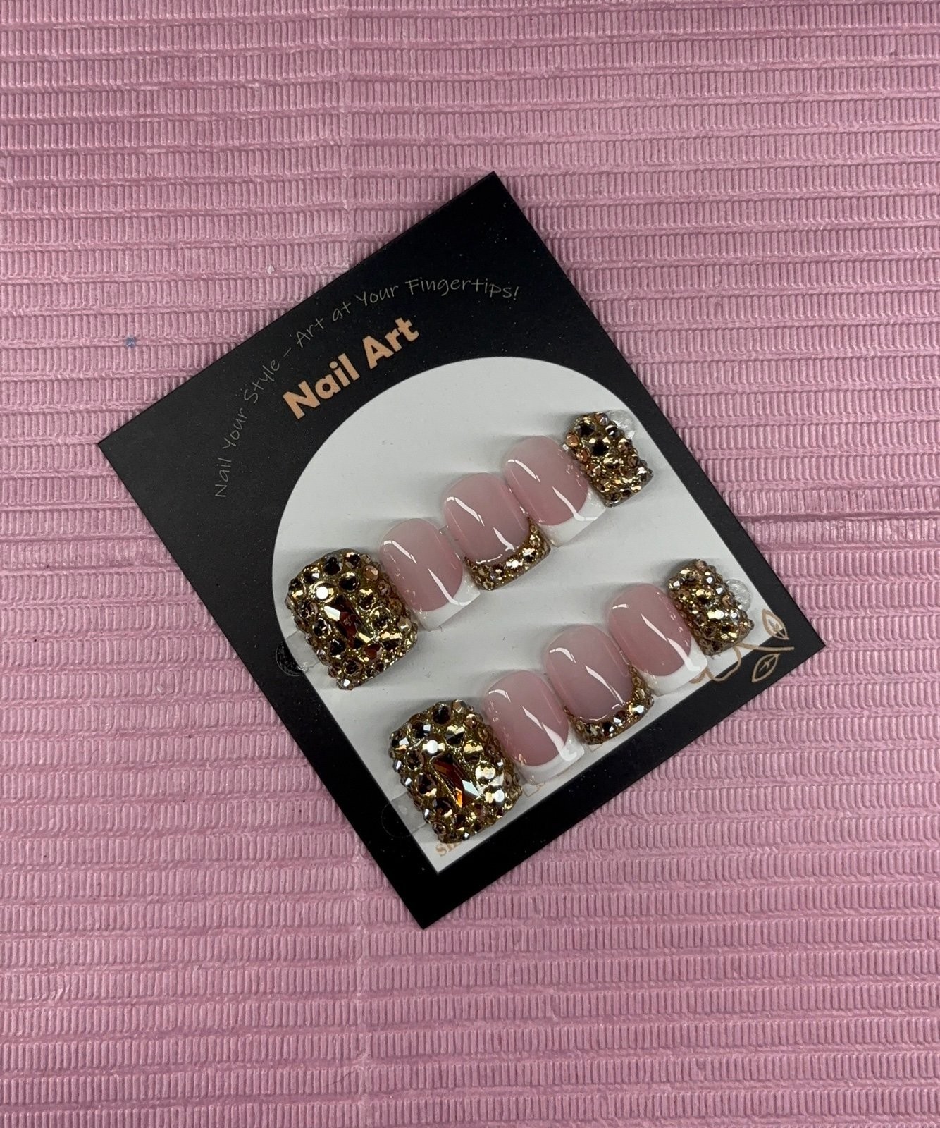 Extra Short square press on nails gold rhinestones white