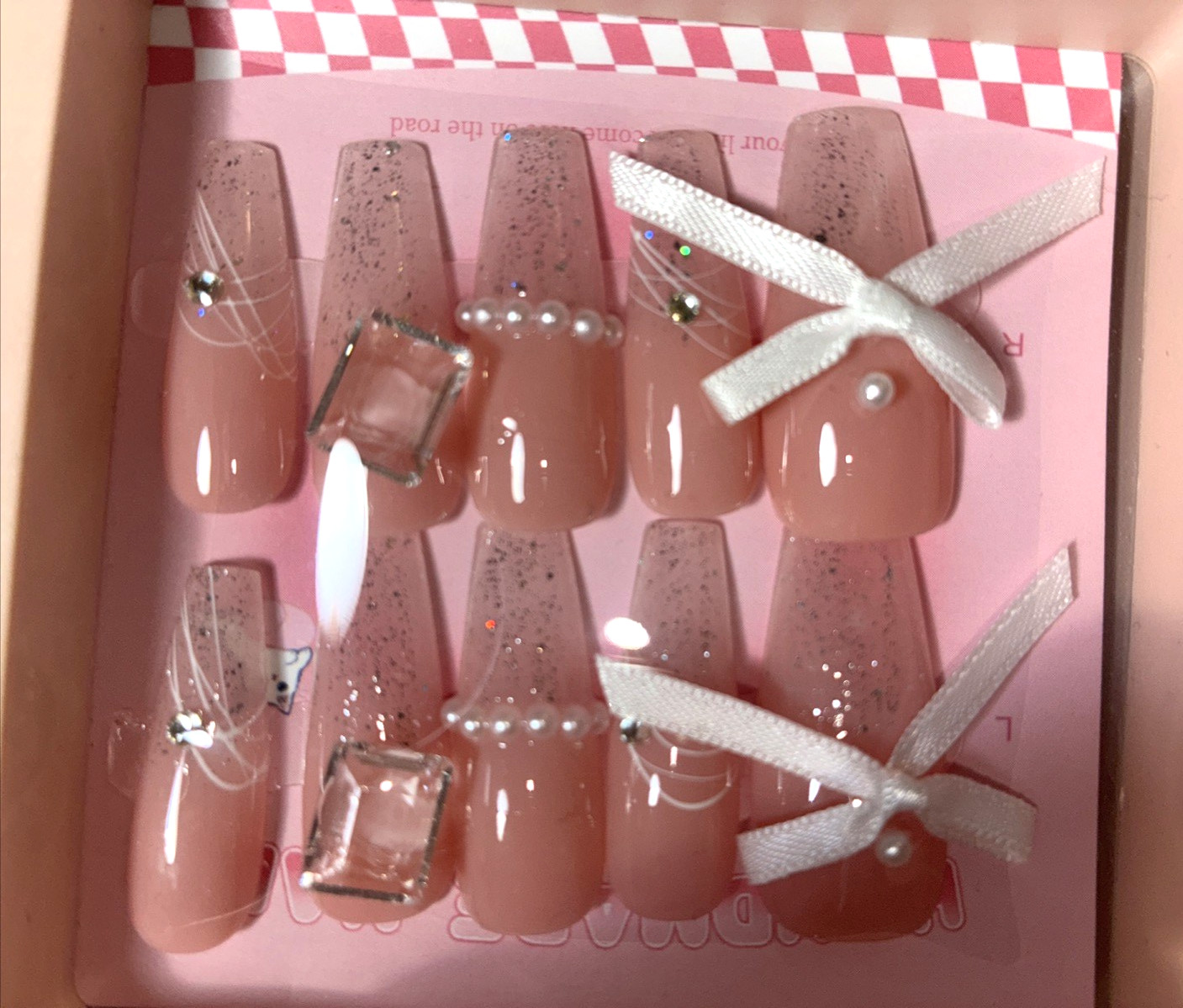 Set of 2 Designer Nail Art Press on Nails Pink & Silver & Purple Embellished