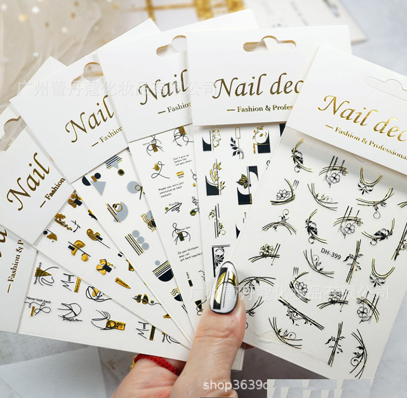 Abstract Geometry Stickers Nail 3D Words Gold Black Line Adhesive Decals NH12