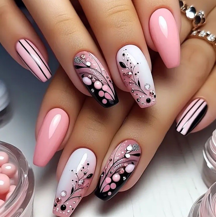 Pink Long Coffin Nail Tips 24pcs Feminine Boxed Nails GLUE & Tabs