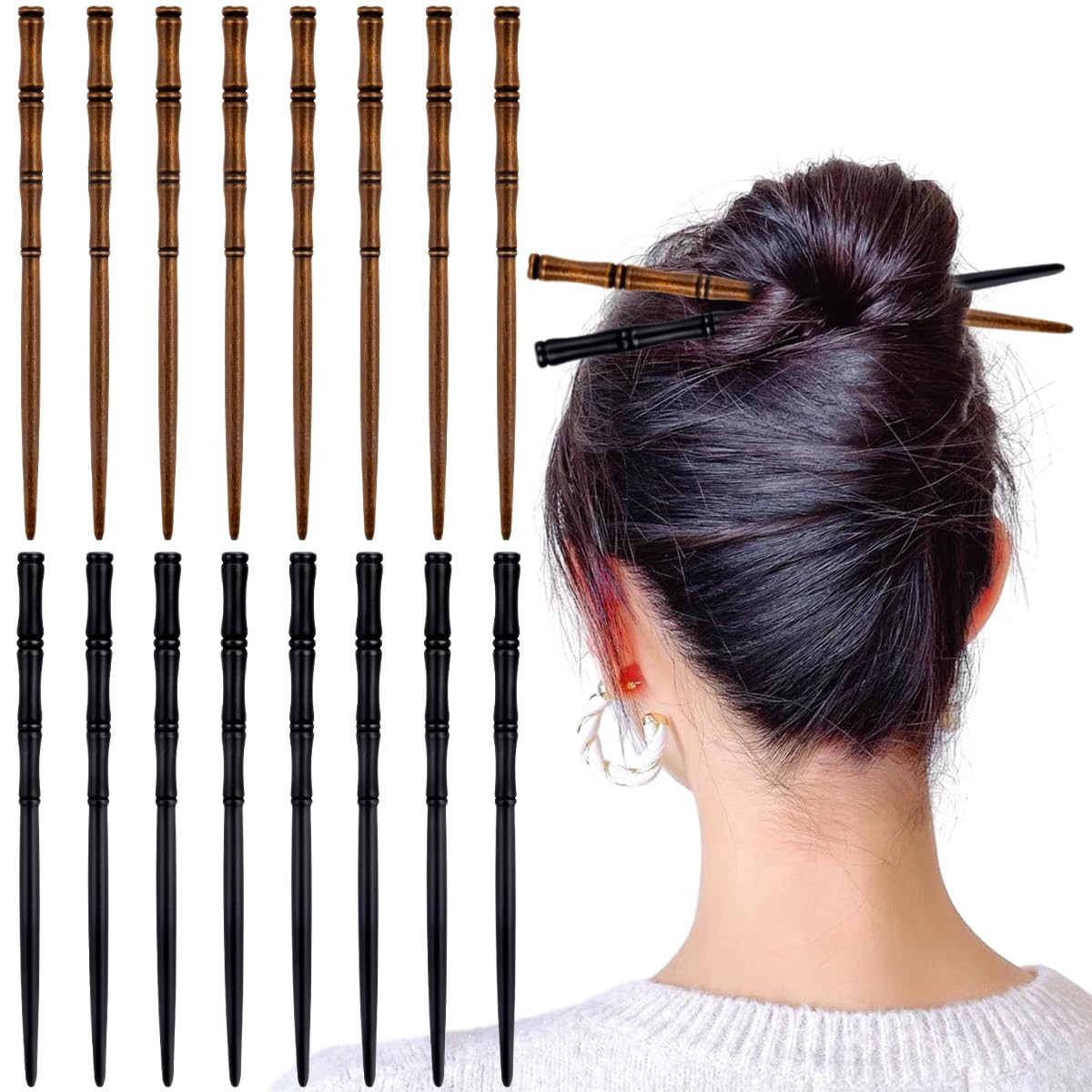 16 PCS Retro Wooden Hair Sticks Bamboo Shape Hair Chopsticks, Vintage Elegant Ha