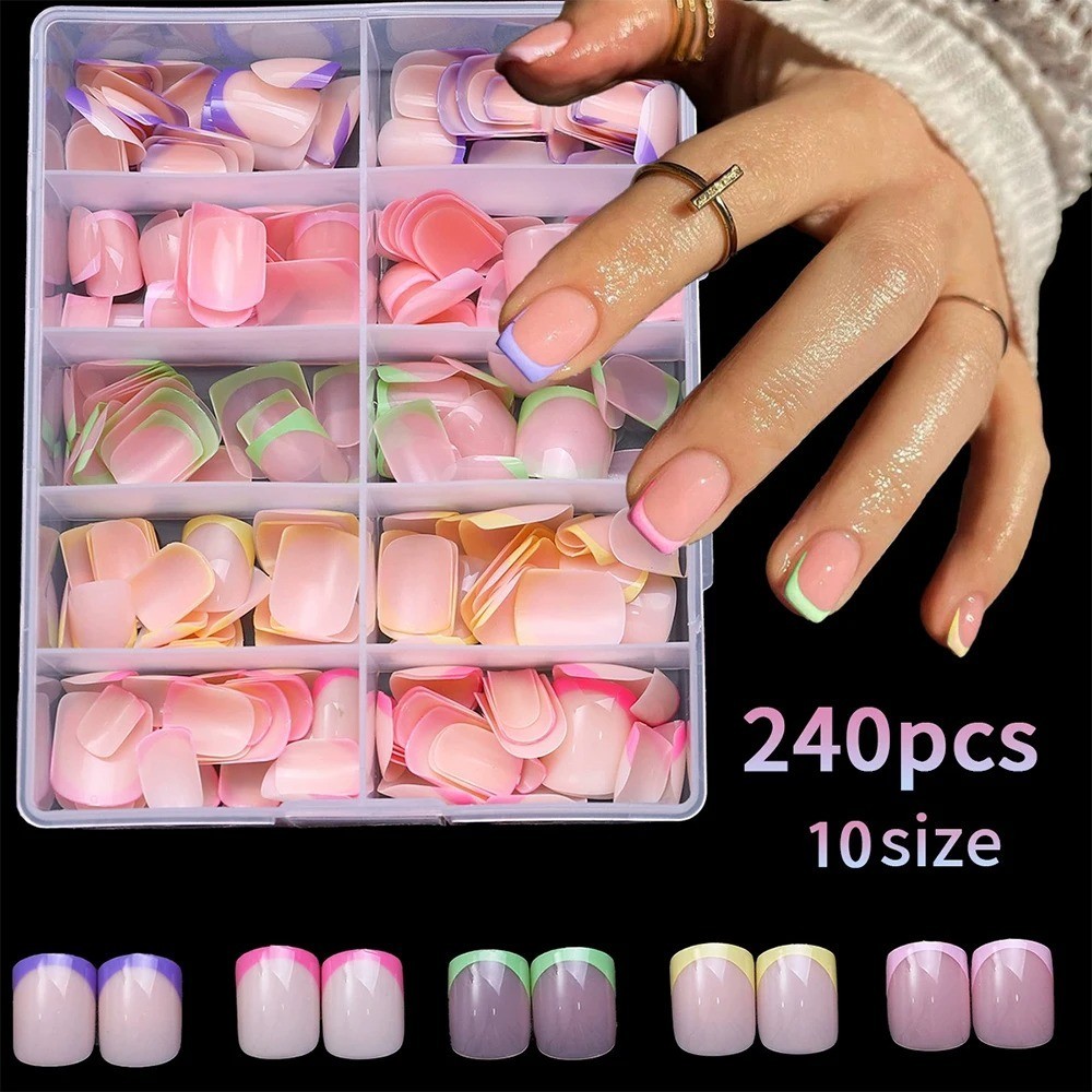 360/240/120pcs Light Pink Almond Press On Nails Glossy White French Fake Nail Si