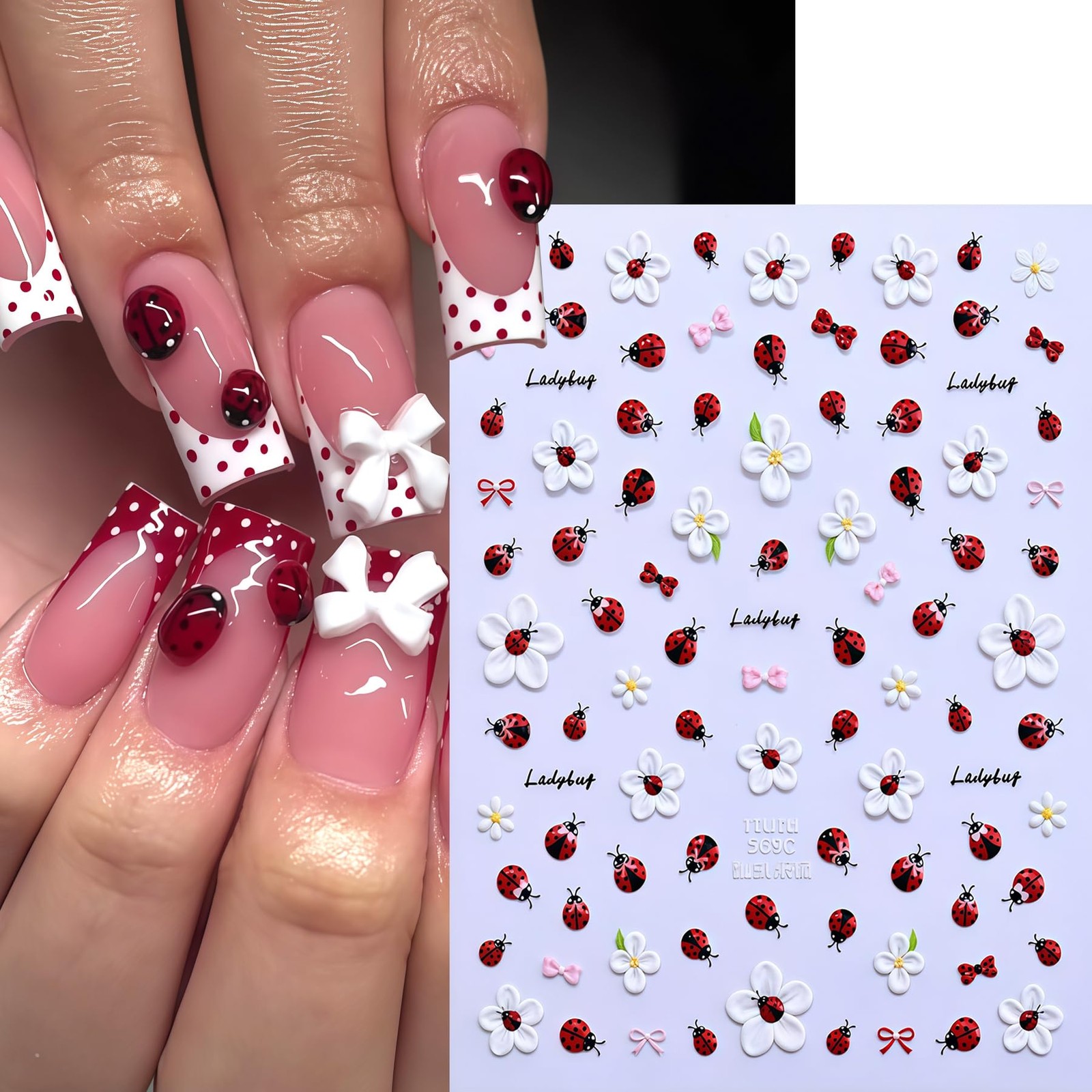 2 Sheets Floral Ladybug Nail Stickers 5D Embossed Cute Bee Nails Decals Tiny …
