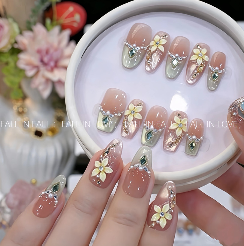 Handmade Press On Nail Nude French 3D Yellow Flower & Green Crystal False Nail