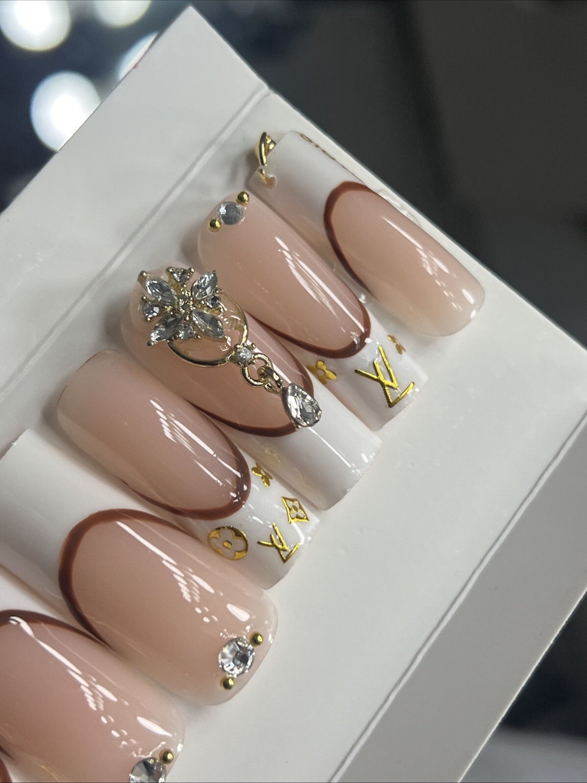 💎 CUSTOM Hard Gel Press On Nails, BLING NUDE , 10p FULL SET W Kit LONG SQUARE