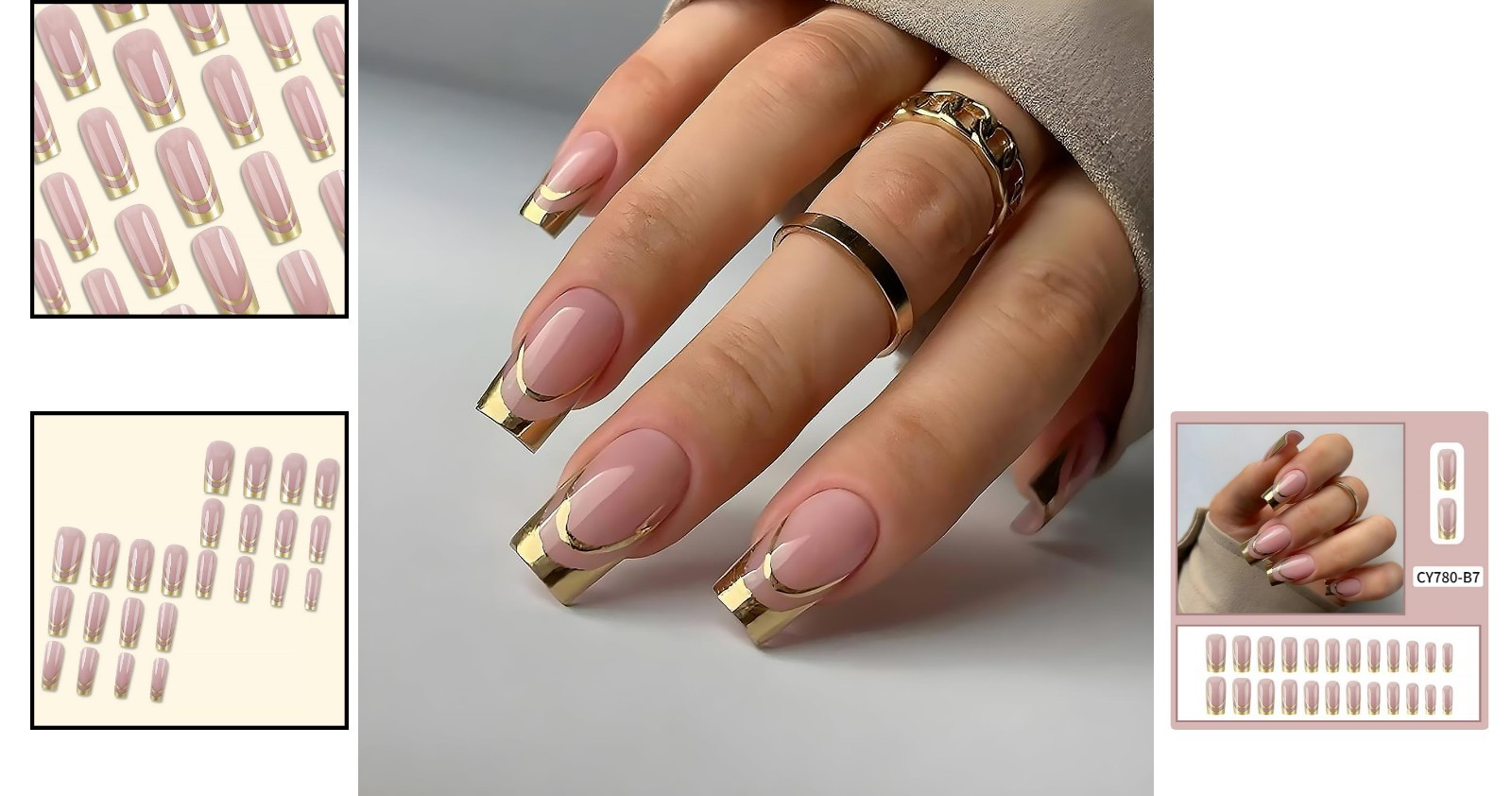 Exquisite 24pc Medium Square Press on Nails – Gilded French Tips and Accessories