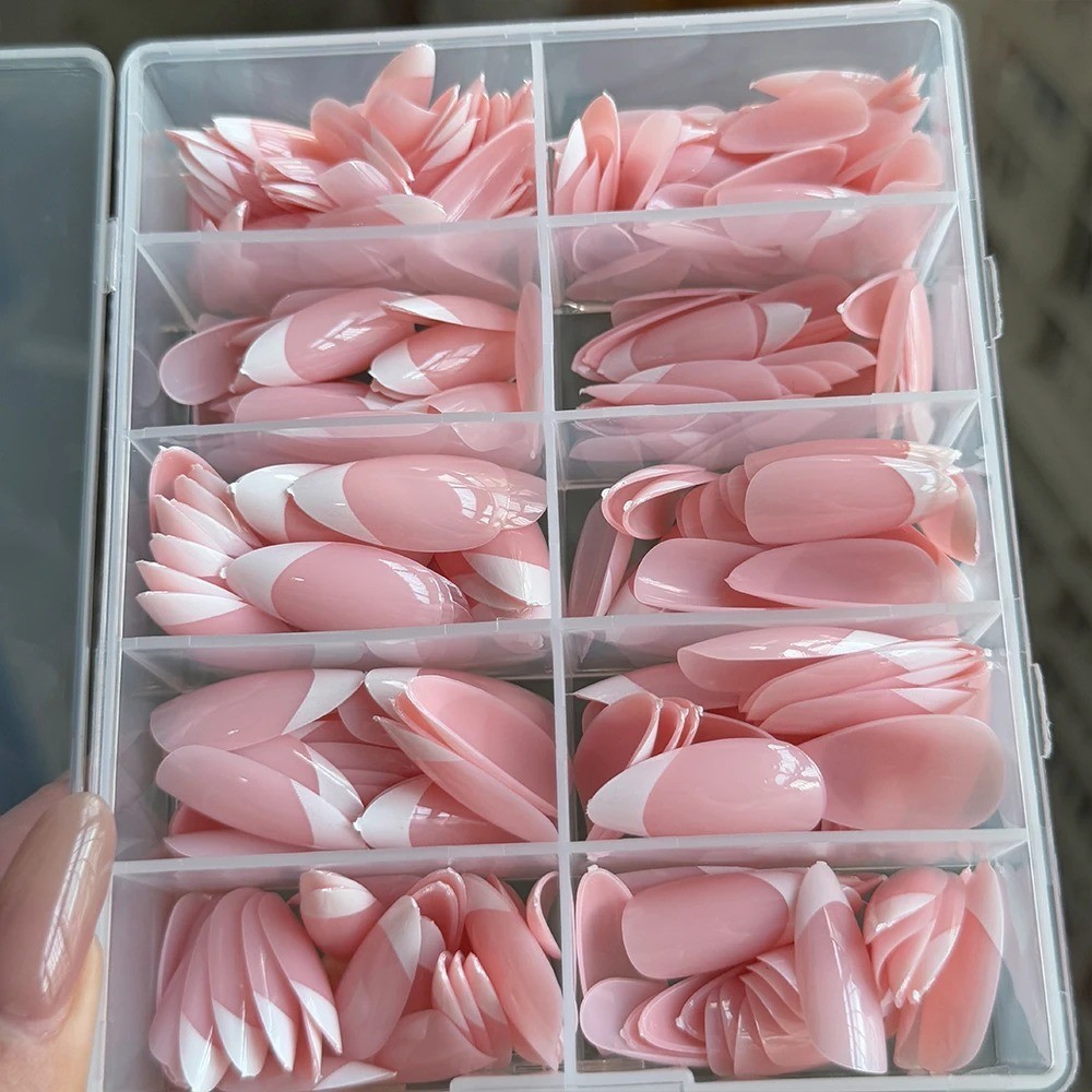 360/240/120pcs Light Pink Almond Press On Nails Glossy White French Fake Nail Si