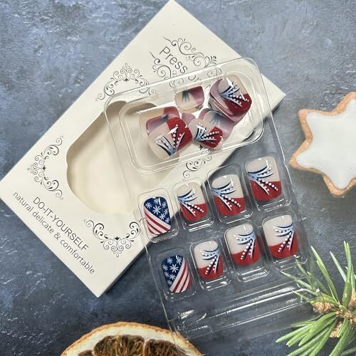 Independence Day Press on Nails Short Square Stripe Wave Red French and Dots