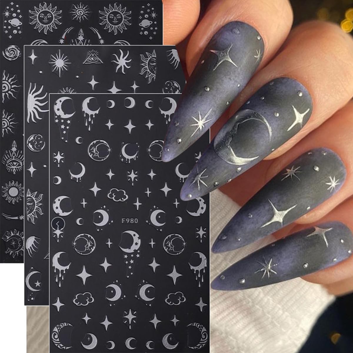 8 Sheets Metallic Nail Art Stickers Decals Silver Moon Star Sun