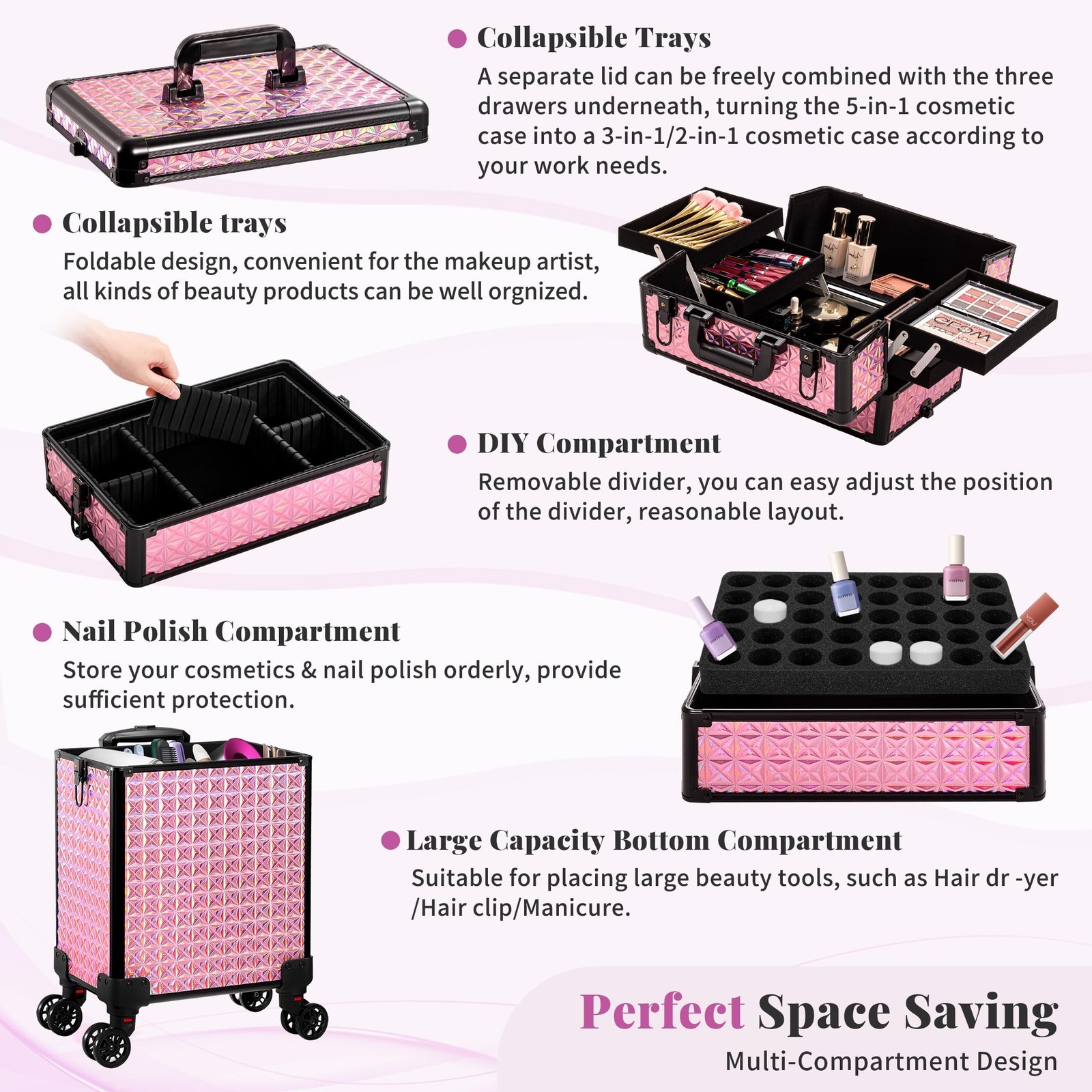 AROUS 5 in 1 Rolling Makeup Train Case Cosmetology Case on Wheels Large Cosme…