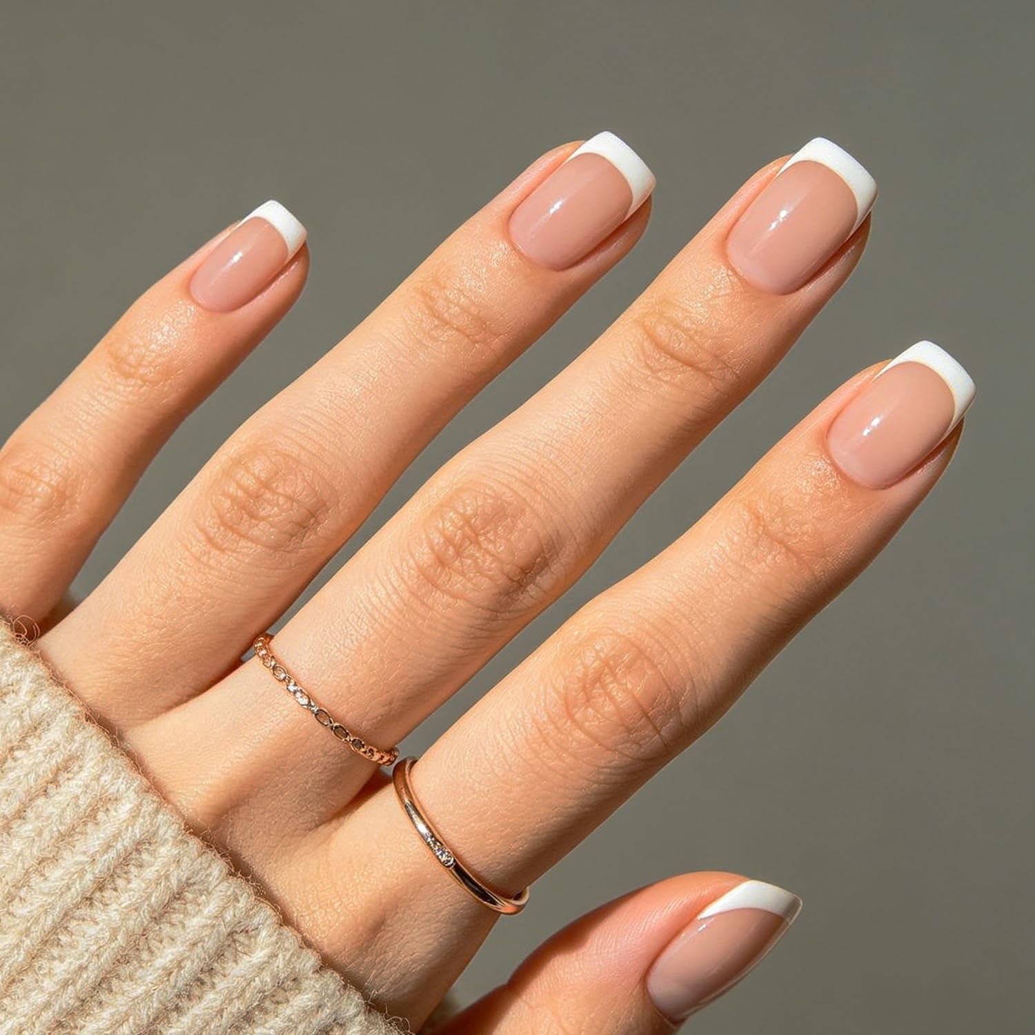 Modelones French Tips Press on Nails Short Square, Pink White Fake Nails