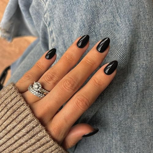 Black Press on Nails Short Oval Round Nails Glue on, Fall Winter oval black