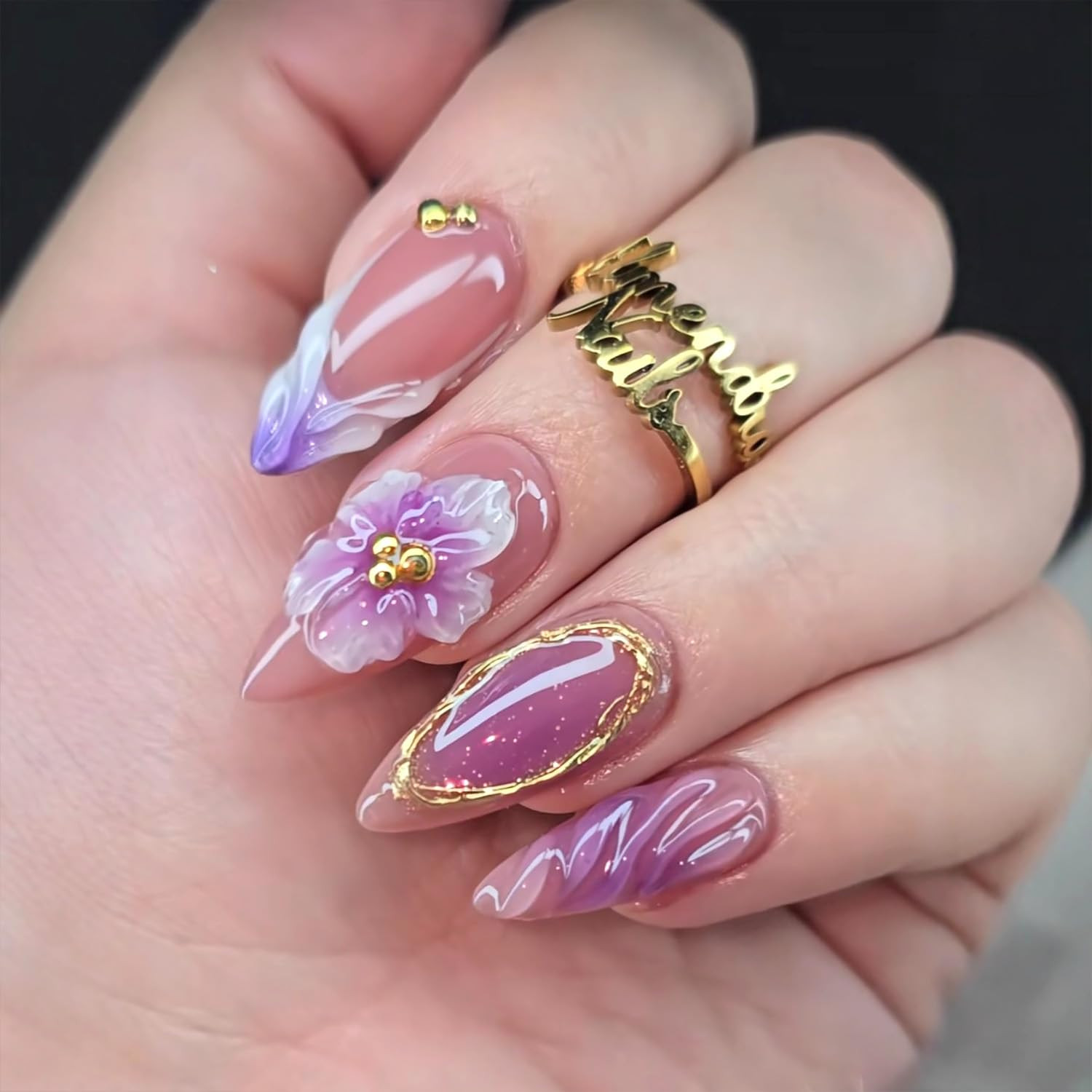 24Pcs Purple Flower Press on Nails Medium Almond Fake Nails French Tip False Nai