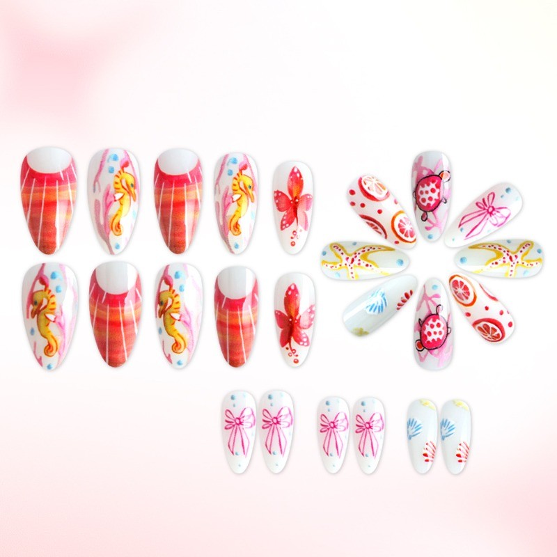 48pcs-Beach Vacation Press on Nails, Medium Almond Pink Sea Creature False Nails