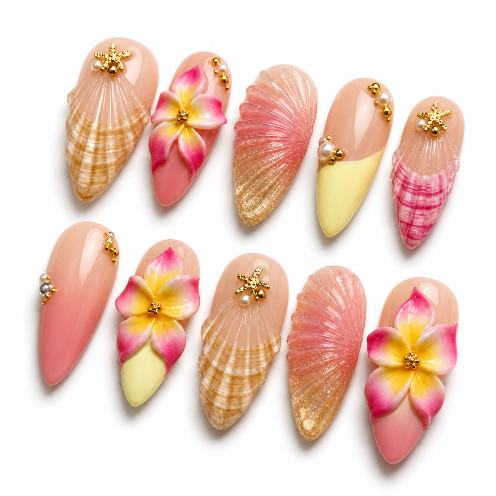 Handmade Press On Nails 3D Tropical Flower Seashell Pink Gold Set