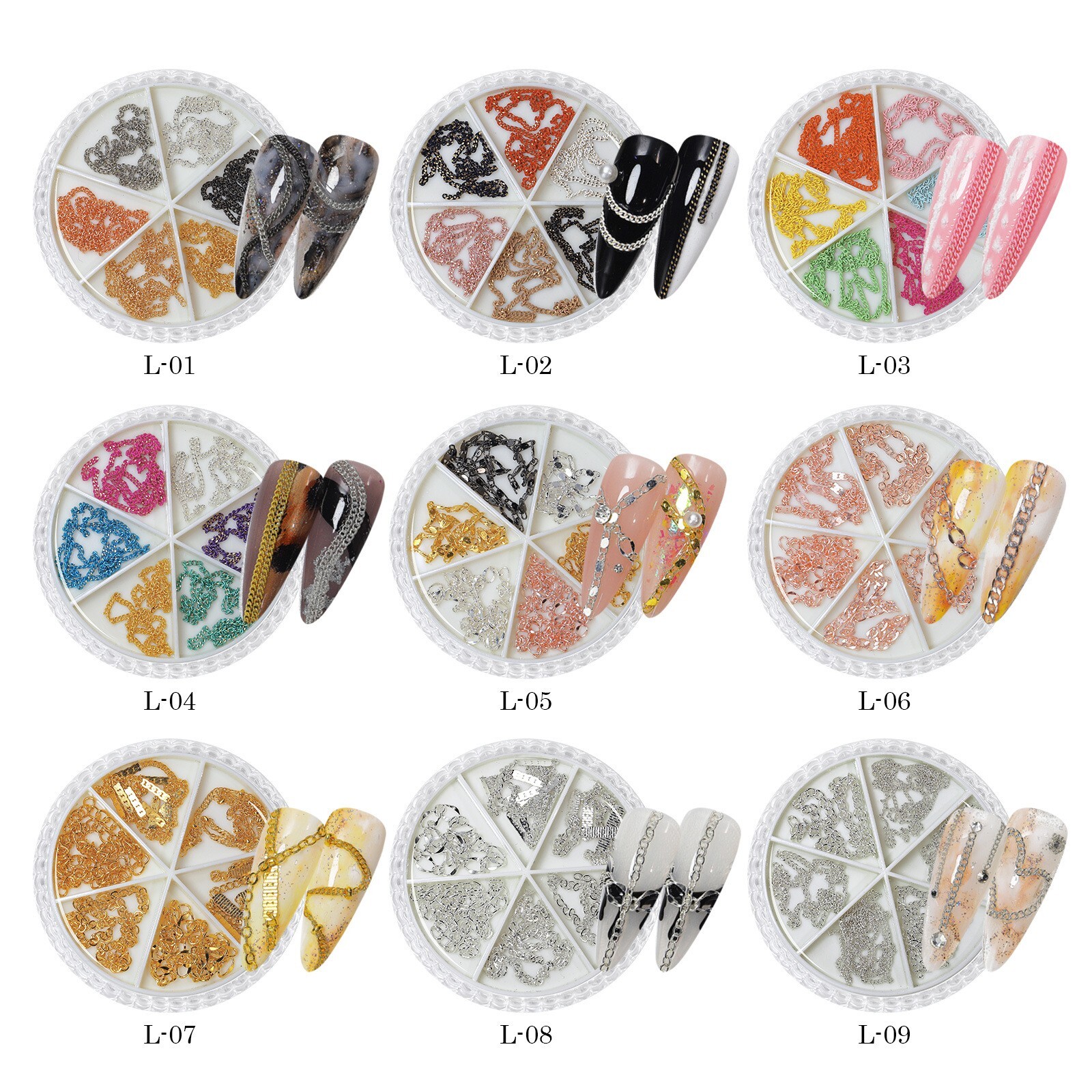 6 Grids Multi-Shape Nails Chain Metal for 3D Nail Art Decorations Accessories