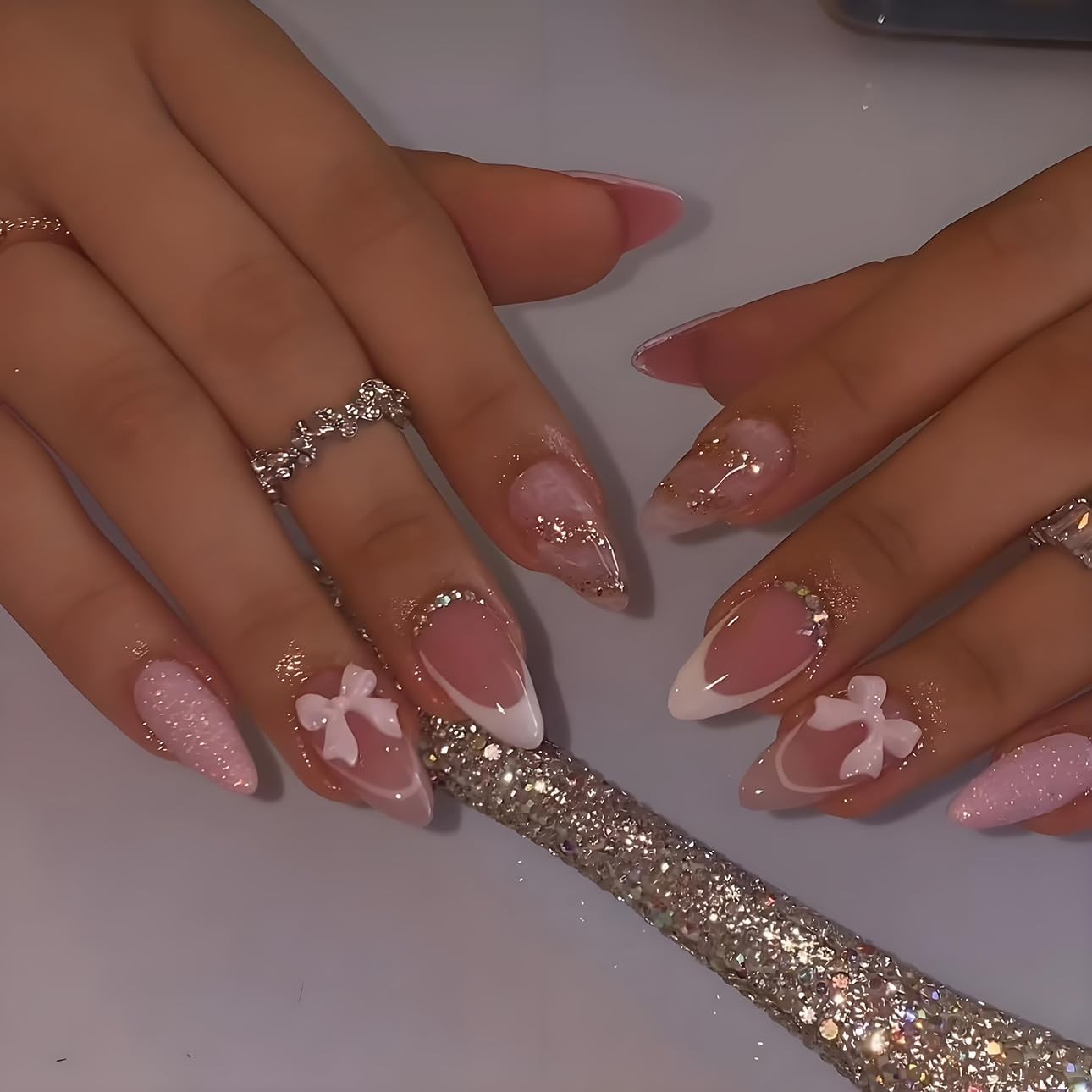 Almond French Tip Press on Nails – Medium Pink Fake Nails with 3D Bow Diamond…