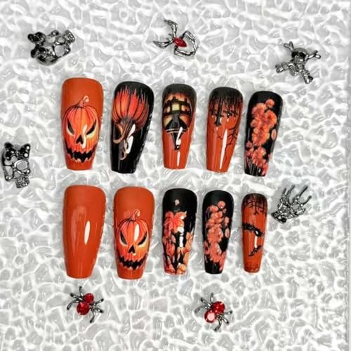 24Pcs Halloween Pumpkin Medium Length Fake Nails Orange Flower Style Nails 01