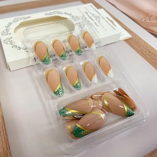 French Tip Press on Nails Medium Almond Fake Nails Nude White Green French Tip