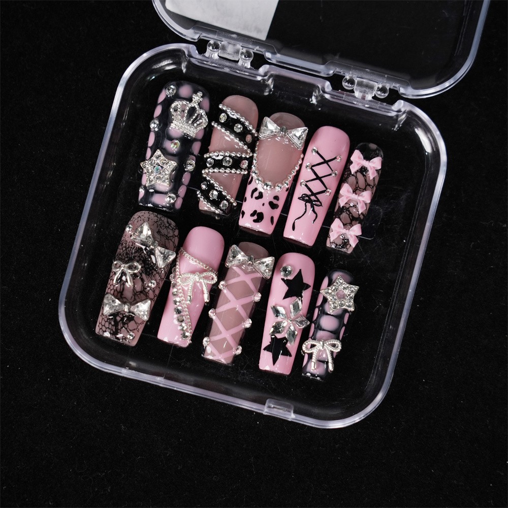 Handmade Pink Black Lace Press on Nails Bow Crown Rhinestone Edgy Fake Nails