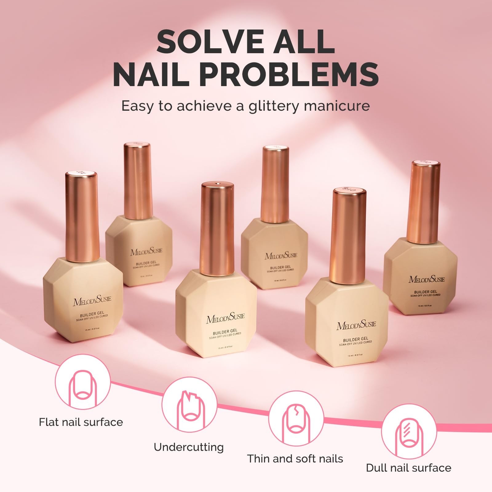 6PCS Builder Gel Nail Set – Thick Pink Base, Clear Rubber Gel, Soak Off UV, Rhin