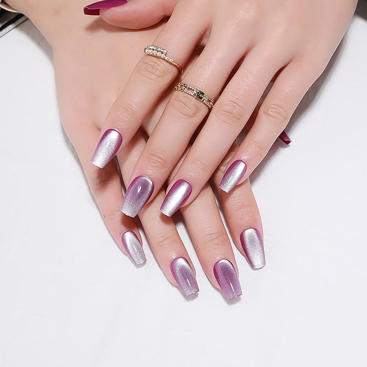 Fall Purple Medium Press On Nails, Cat Eye Coffin Short, C0-Moonlit Amethyst
