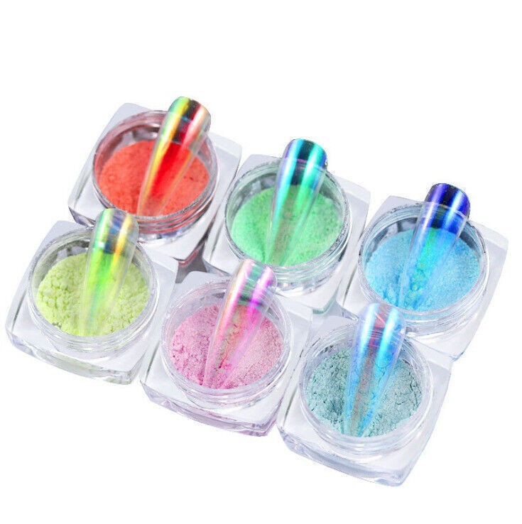 6 Boxes Nail Powder Iridescent Rainbow Glitter Pigment Powder Dust Nail Art Tips