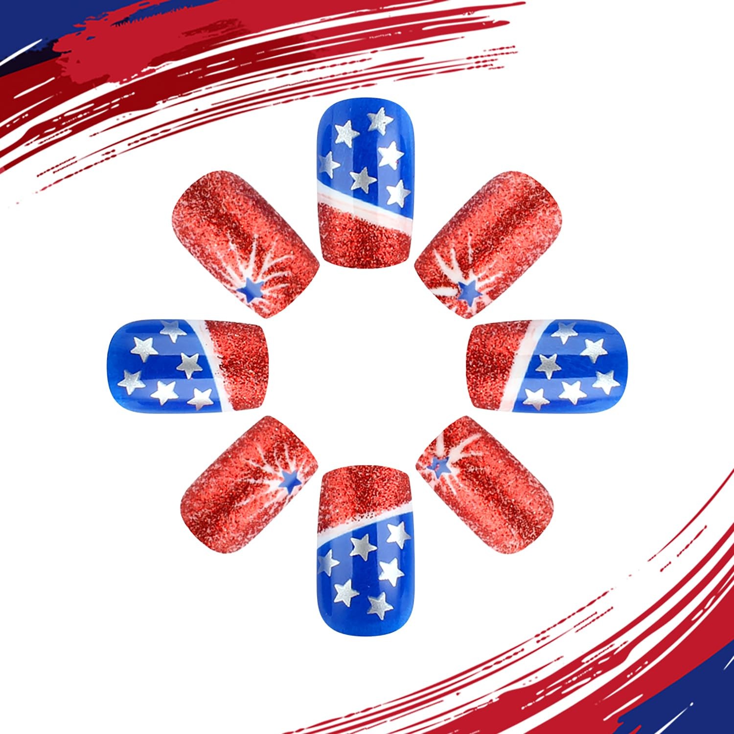 24pcs 4th of July Press on Nails Short Square Independence Day Fireworks Fake…