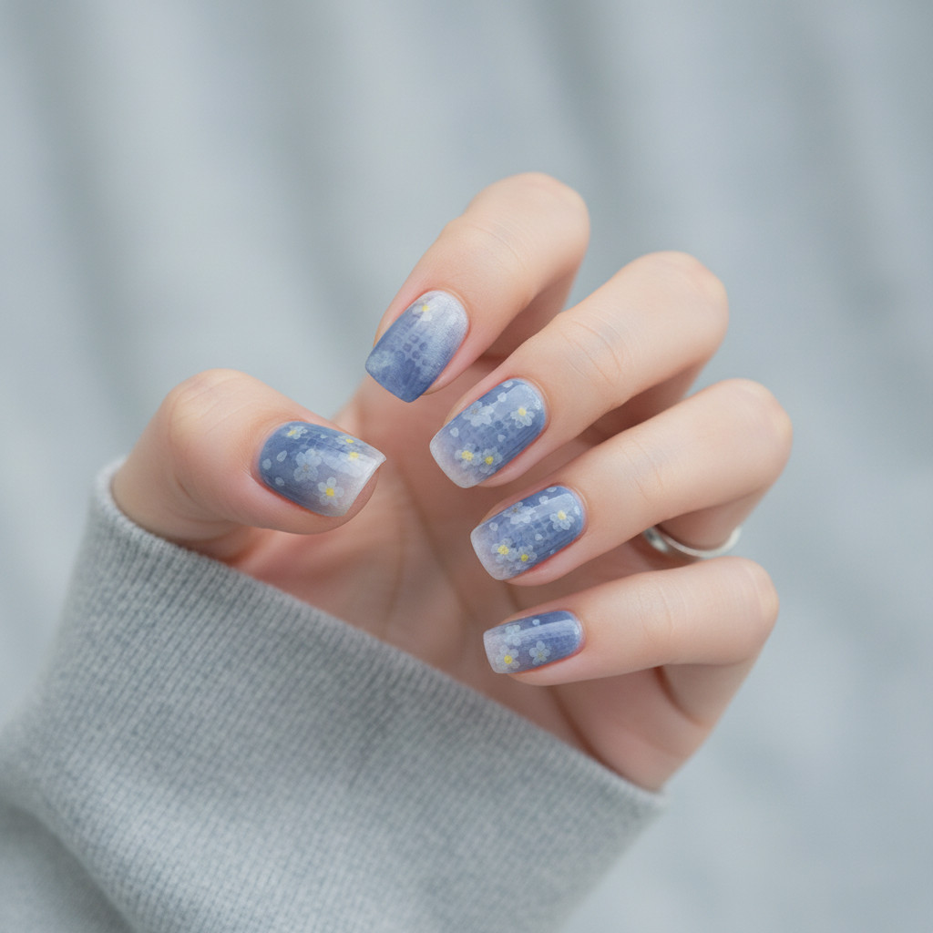 MIMO Press-On Nails Square Denim Blue Ombre with White Floral Accents, 24pCS