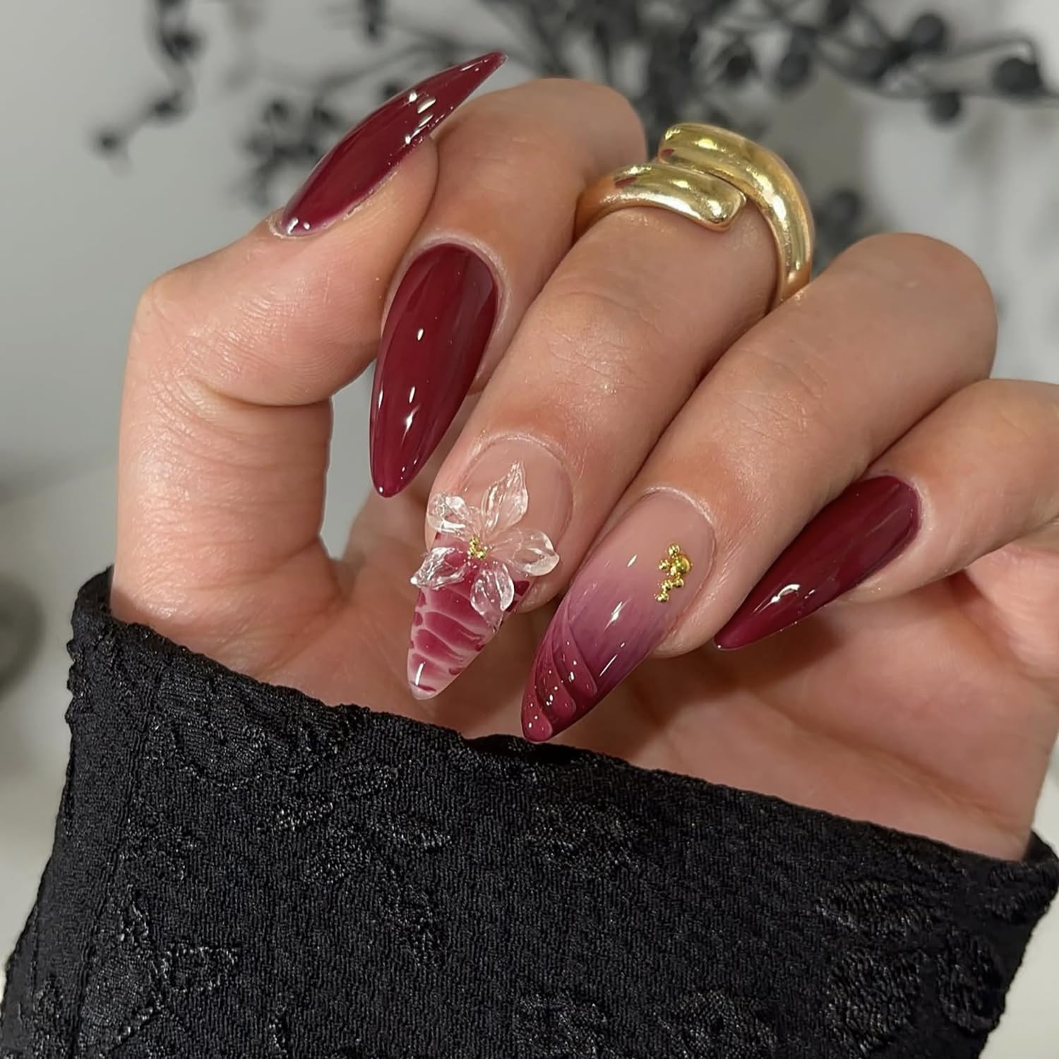 24Pcs Almond Press on Nails Medium Length 3D Flower Fake Nails with Gold Beads W